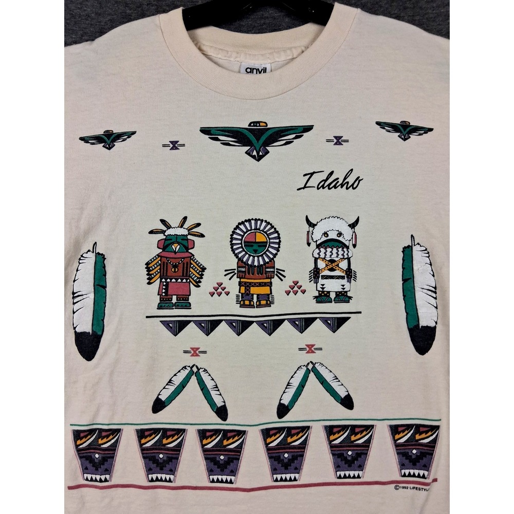 VTG Anvil Adult Shirt L Beige Idaho Native Aztec Eagle Single Stitch USA 90s